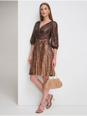DKNY Women's Long Sleeve Ombre Faux Wrap Sequin Dress 8 Like New